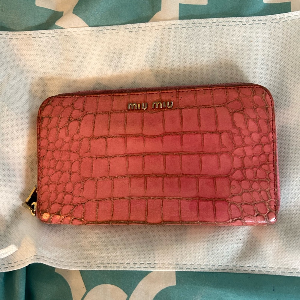 Miu Miu Authentic Pink Croc Print Wallet Zip